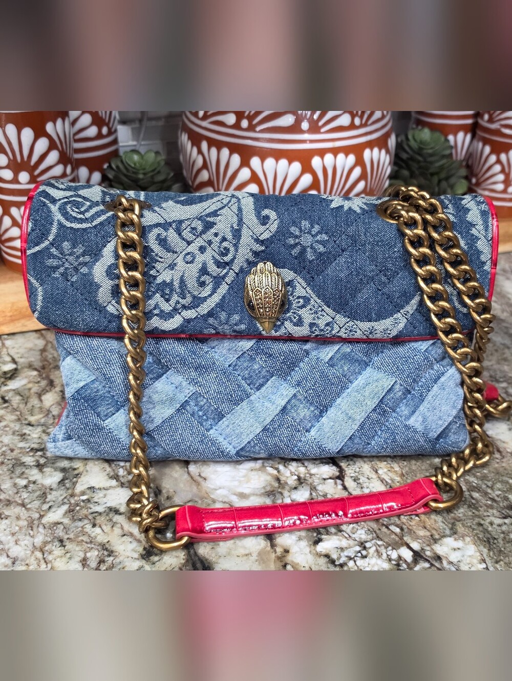 Kurt Geiger Denim Patterned Chain Shoulder Bag with Red Croc Trim